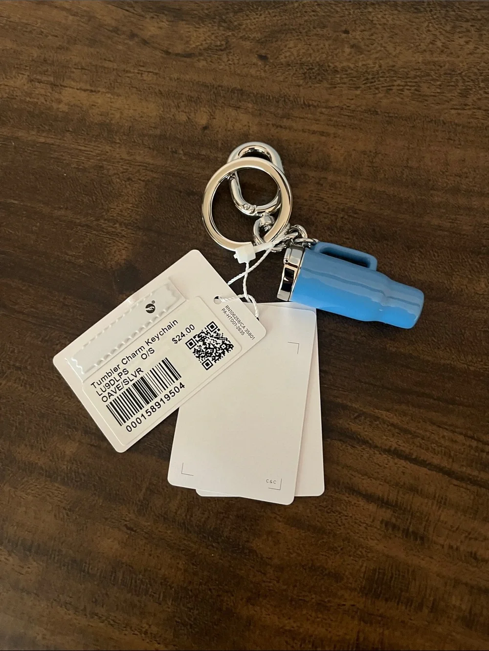 Lululemon Blue Tumbler Charm Keychain with Silver Hardware